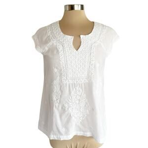 Alya White Tone-on-Tone Embroidered Summer Blouse LARGE Boho Cottagecore
